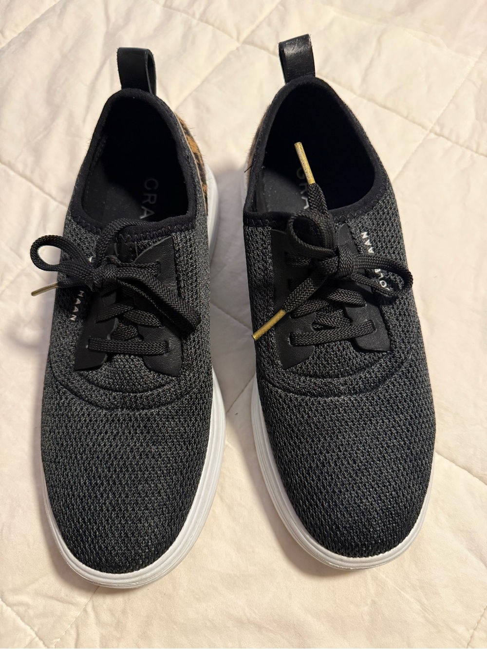 Cole Haan Black Knit Athletic Sneakers with White Sole and Gold Accents